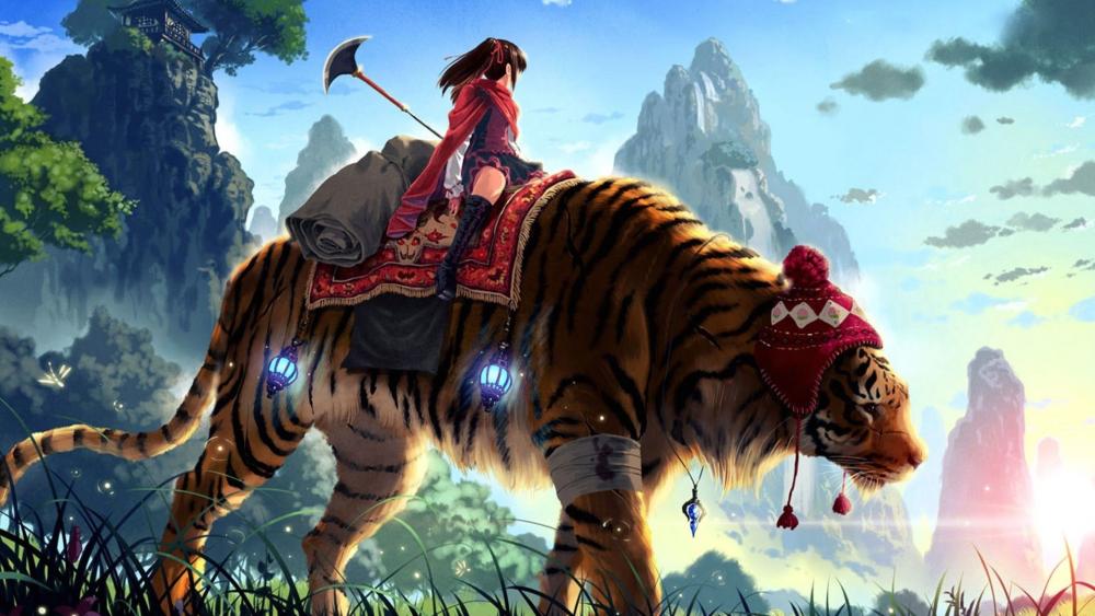 Girl riding a tiger wallpaper