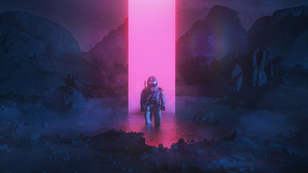 Astronaut Encounter at Neon Monolith wallpaper