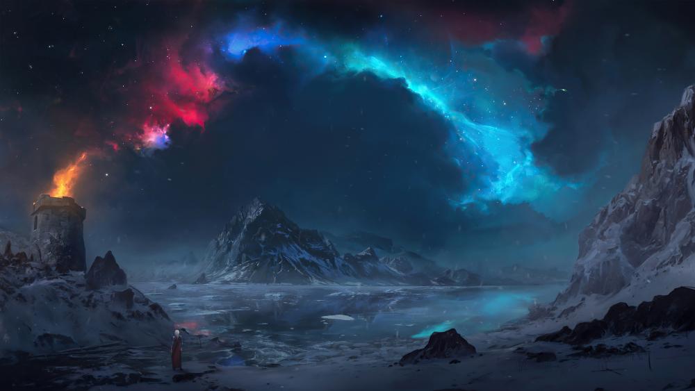 Mystical Aurora Over Icy Fantasy Realm wallpaper