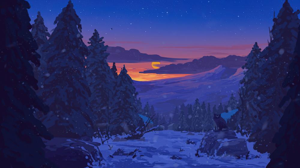 Sunset in snowy landscape digital art wallpaper