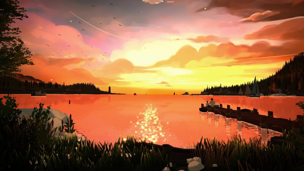 Sunset on lake digital art wallpaper