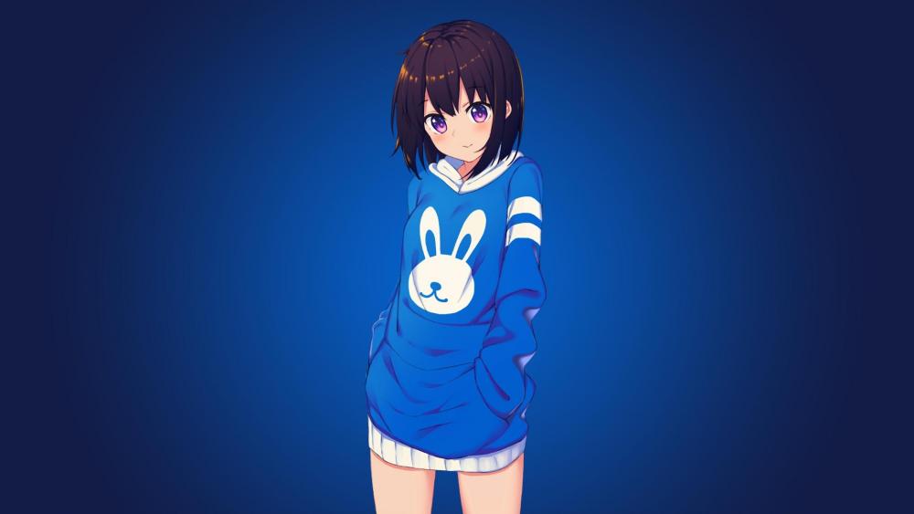 Cheerful Anime Girl in Blue Bunny Hoodie wallpaper