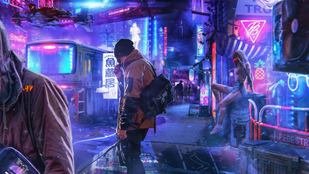 Neon Drenched Sci-Fi City Streets wallpaper