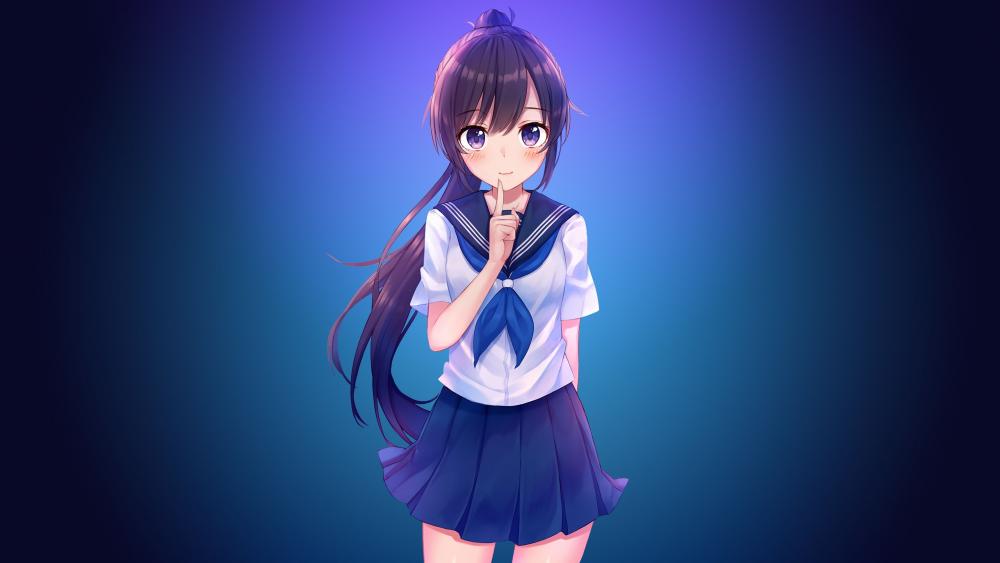 Anime Schoolgirl in Blue Uniform wallpaper