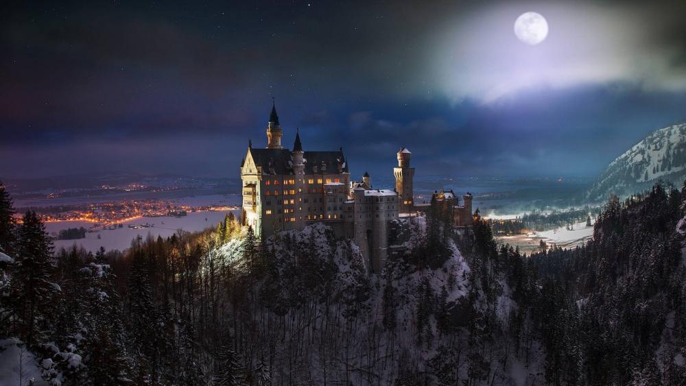 Neuschwanstein Castle at full moon wallpaper