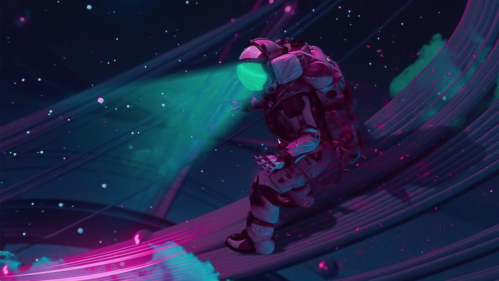 Astronaut's Cosmic Journey Through Purple Nebula wallpaper