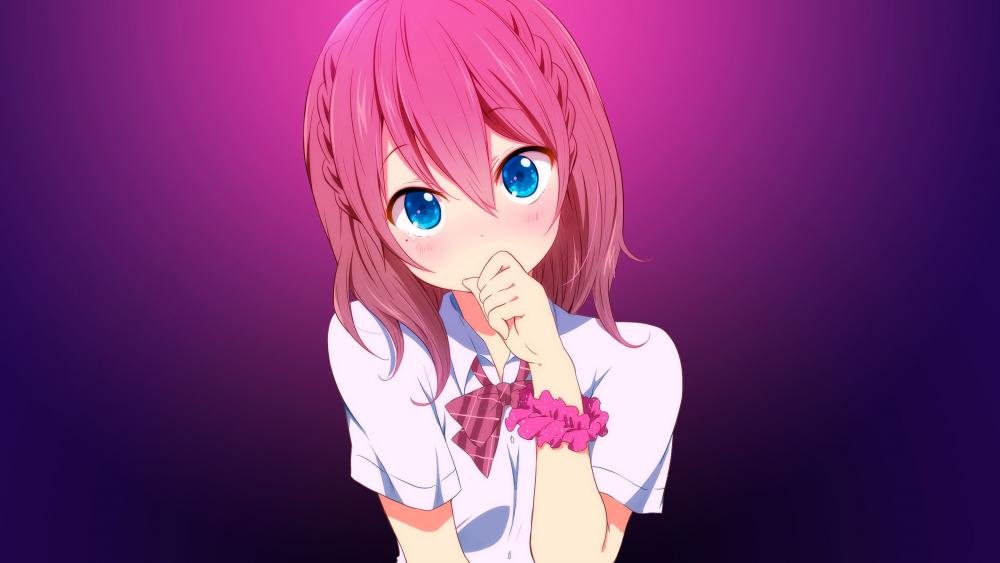 Tearful Pink-haired Anime Schoolgirl wallpaper