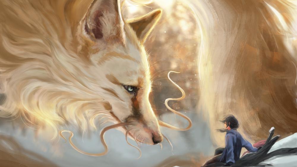 Mystical Encounter with a Giant Fox wallpaper