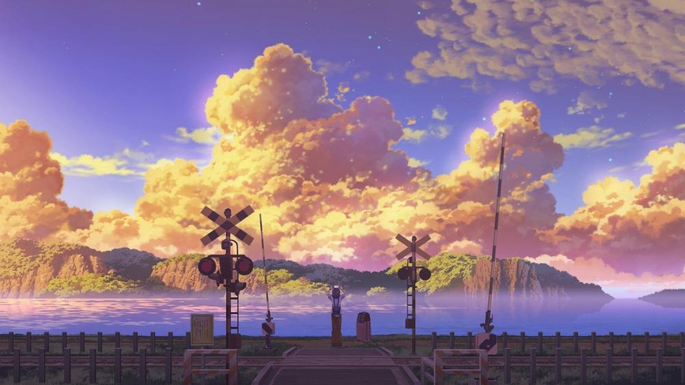 Sunset Serenity at the Anime Railway Crossing wallpaper