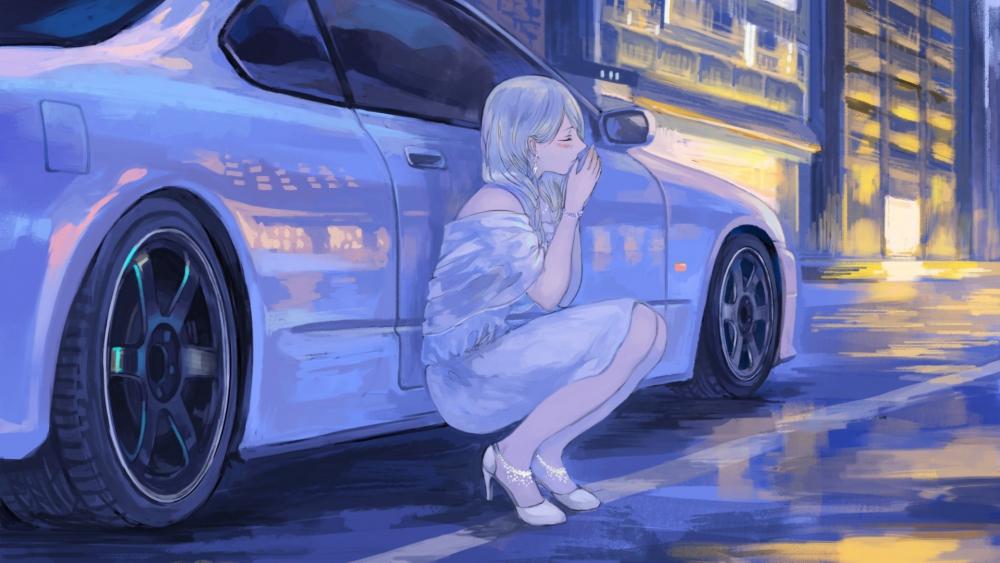Blue-Haired Anime Girl with JDM Car wallpaper