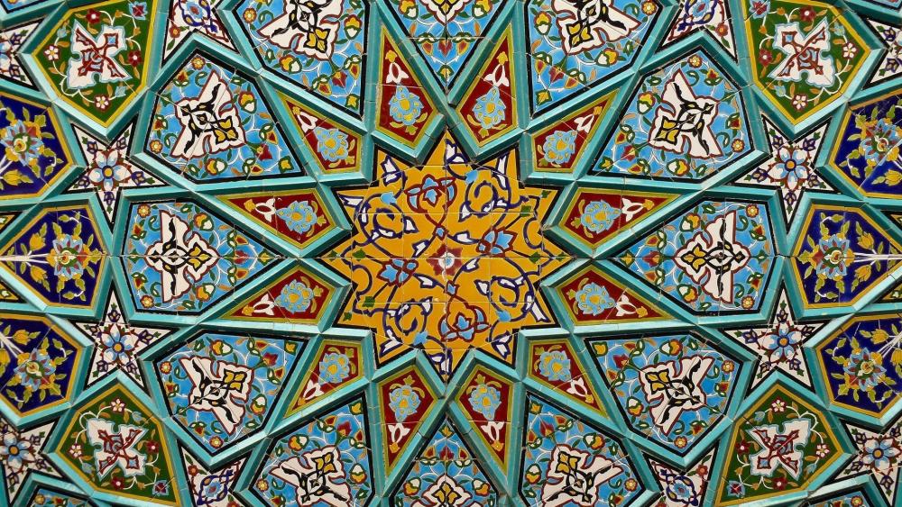 Ceramic tiles pattern decorating the Shah Sheragh Shrine at Shiraz, Fars province, Iran wallpaper