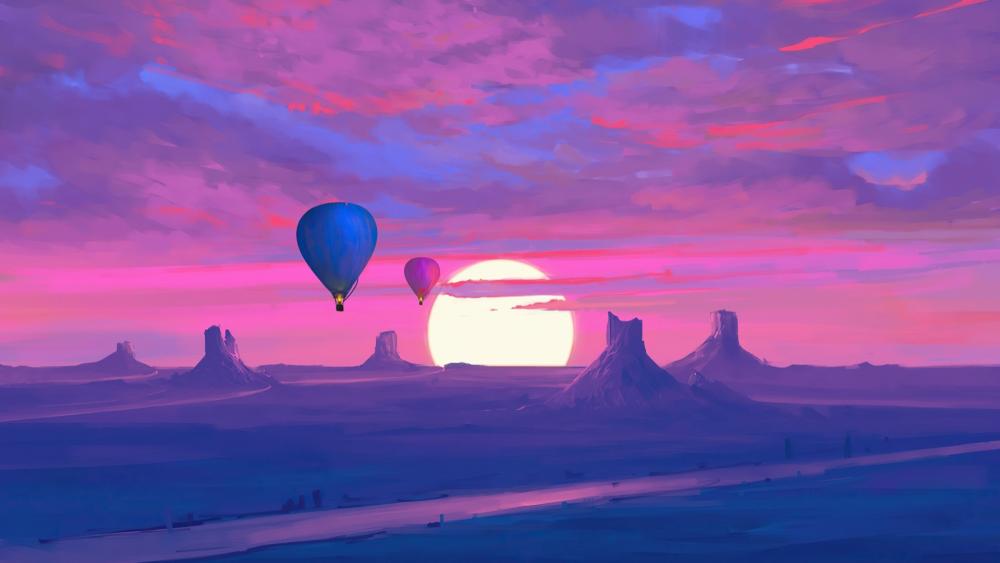 Purple landscape of hot air balloons at sunset wallpaper