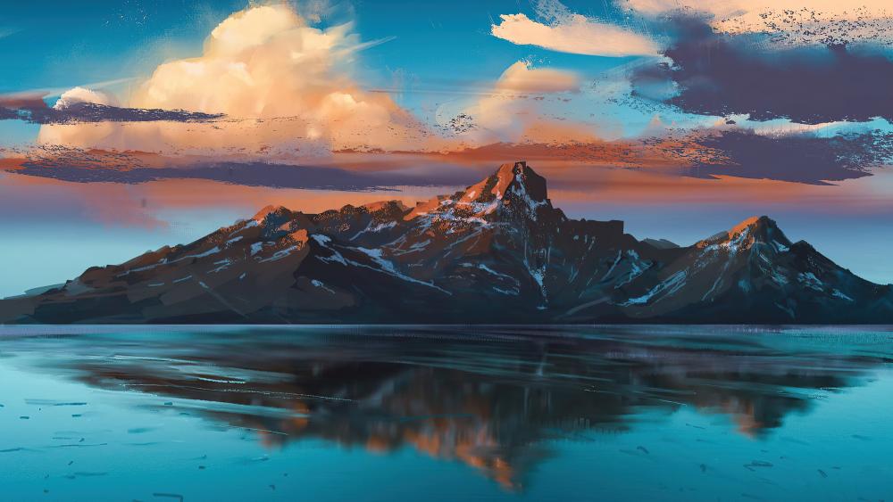 illustration of mountain lake at dawn wallpaper
