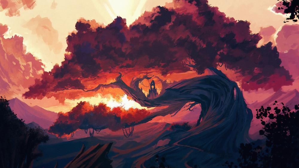 Enchanted Sunset among Whimsical Trees wallpaper
