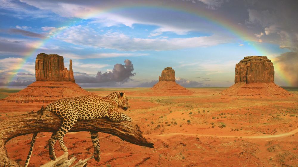 Leopard in desert landscape with rainbow wallpaper