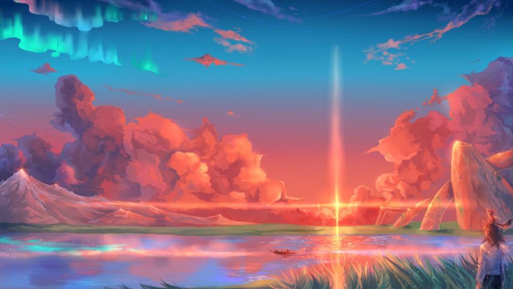 Serene Anime Lakeside at Sunset wallpaper