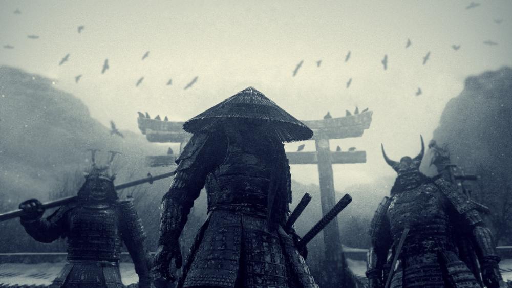 Samurai Warriors in Misty Monochrome Landscape wallpaper