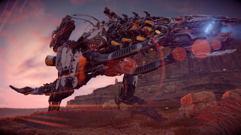 Mechanical T-Rex Rampage in Dystopian Terrain wallpaper