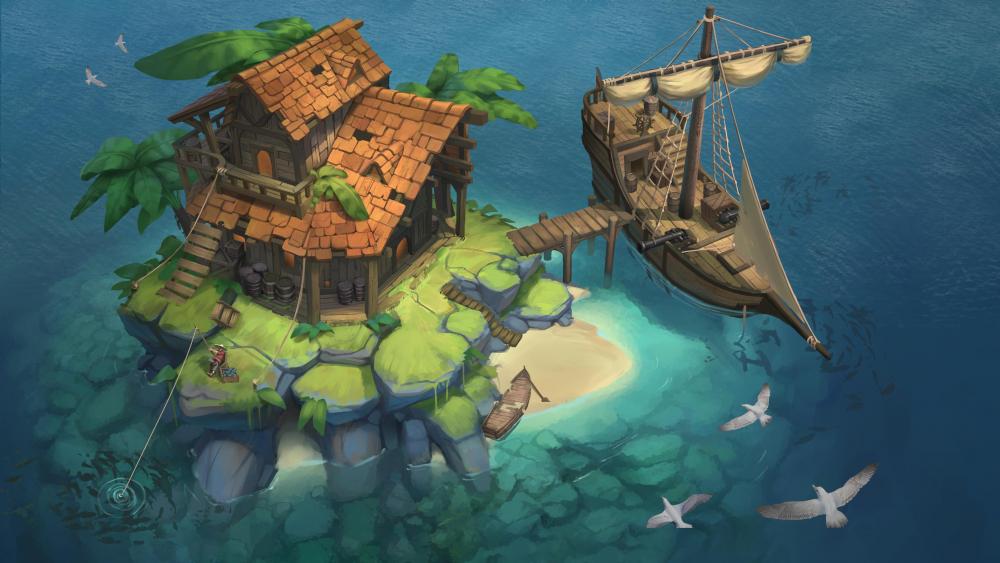 Fantasy Island Escape with Cozy Cottage wallpaper