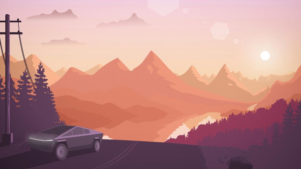 Minimalist Mountain Drive at Sunset wallpaper