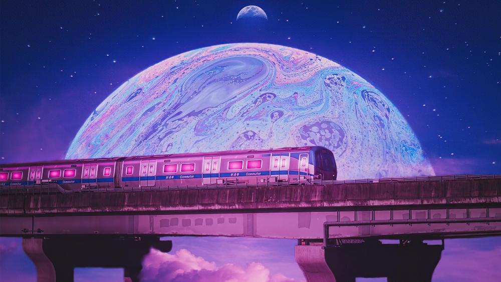 Pink train in the space digital art wallpaper