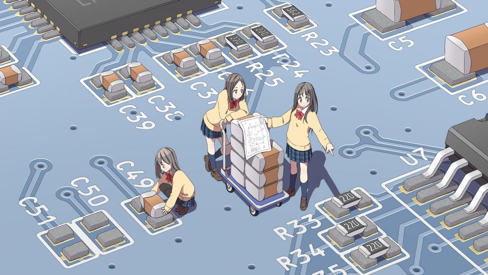 Tech Campus Adventures with Anime Schoolgirls wallpaper