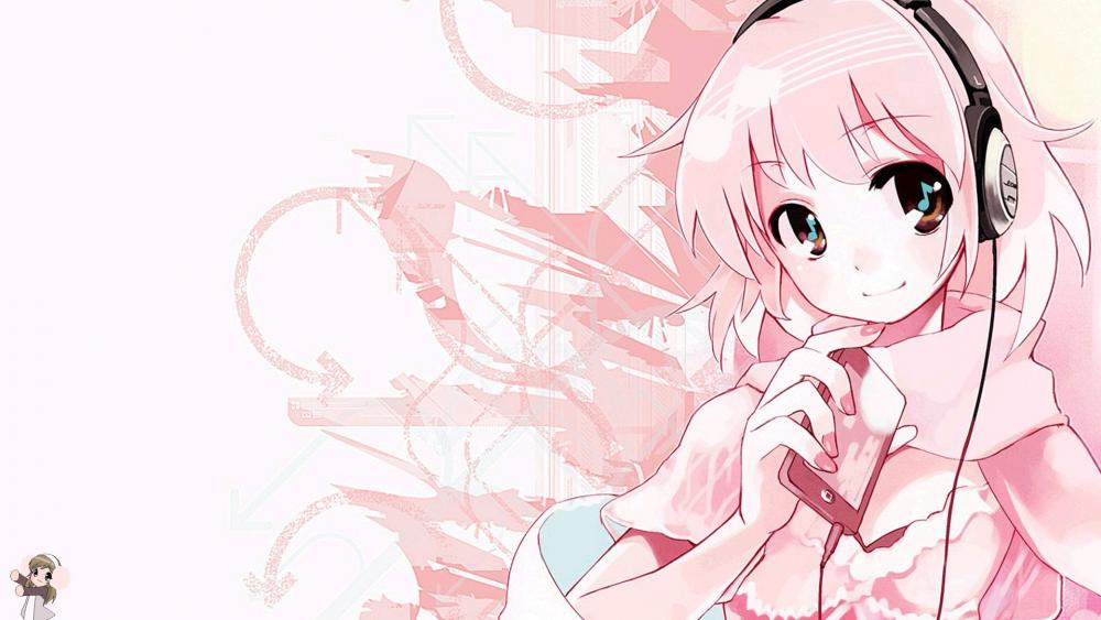 Kawaii Anime Girl with Pink Hair and Headphones wallpaper