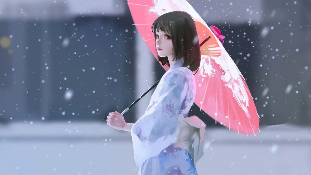 Elegant Kimono Girl with Pink Umbrella wallpaper