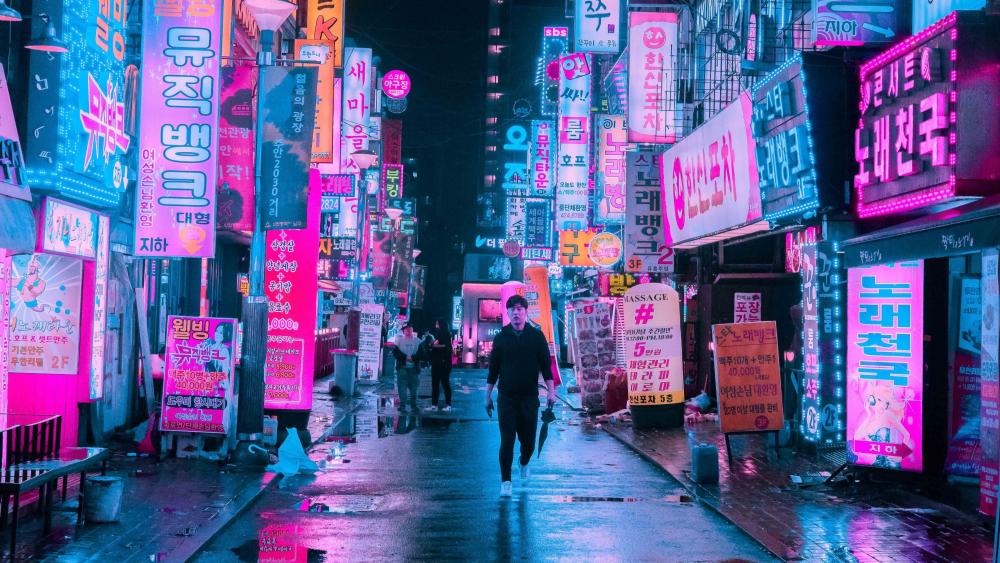 Vibrant Neon Alley After Dusk wallpaper