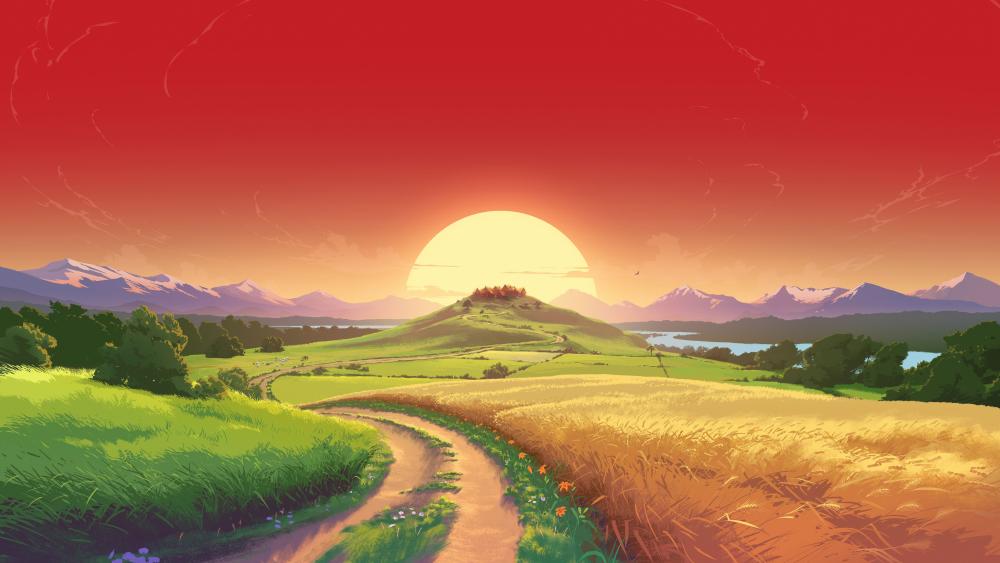 Golden Sunset Over Magical Countryside wallpaper