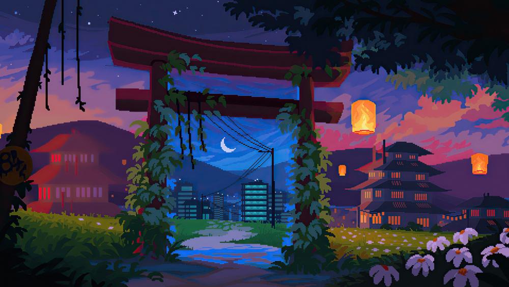 Pixel Art Serenity Under a Crescent Moon wallpaper