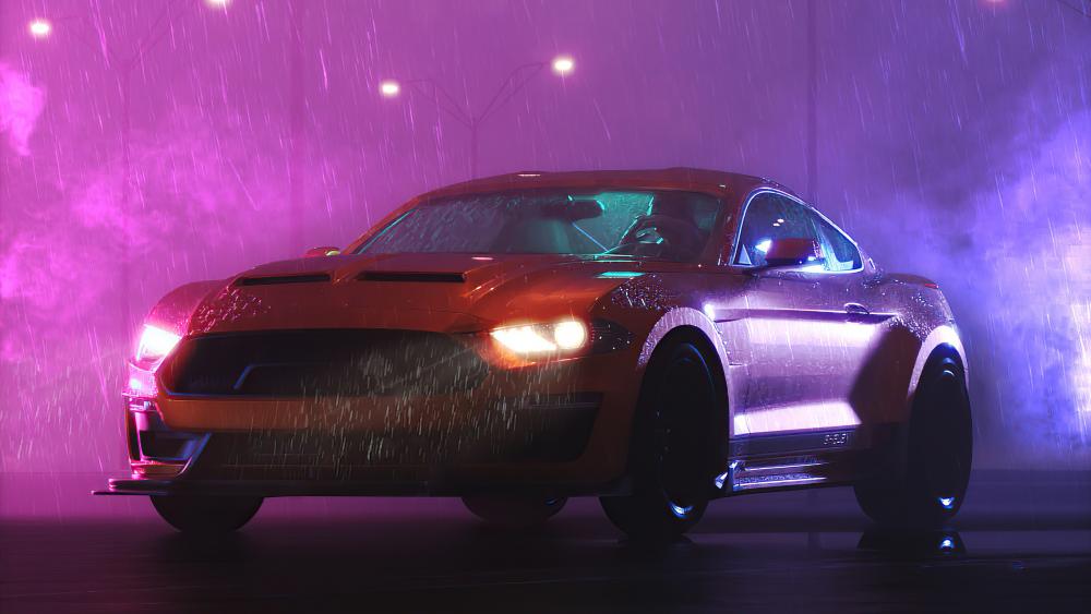 Illuminated Mustang Power in Rainy Ambiance wallpaper