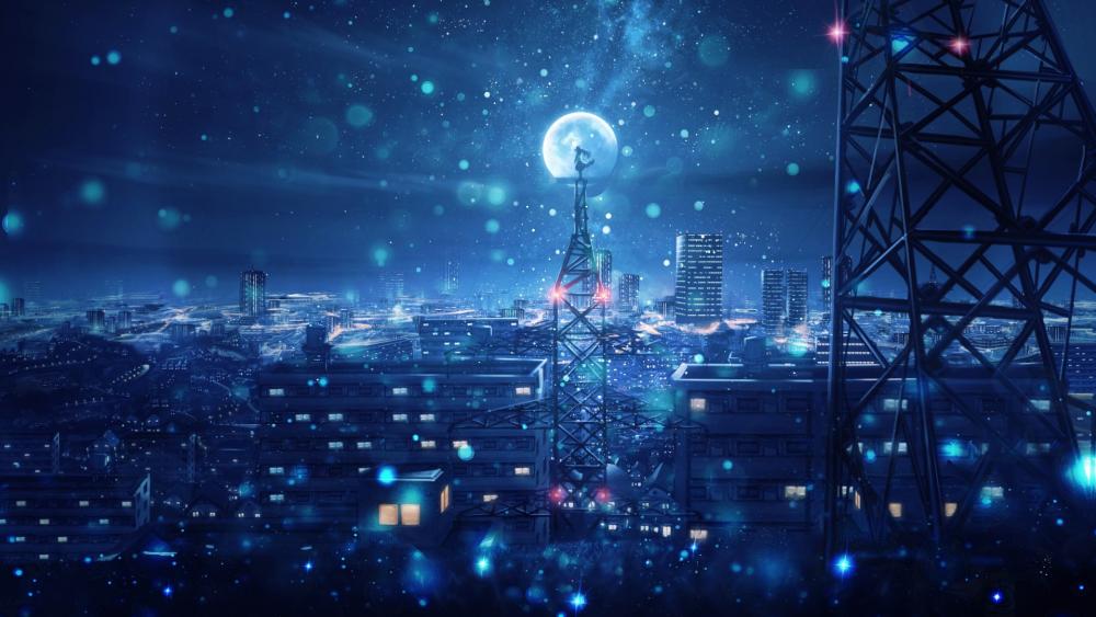 Moonlit Anime Metropolis wallpaper