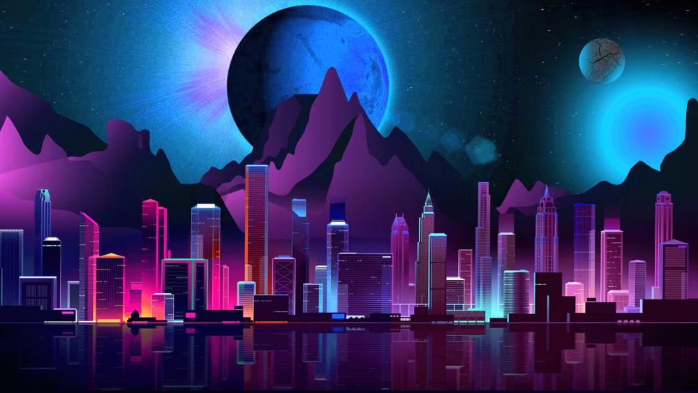 Futuristic Metropolis Under Cosmic Skies wallpaper