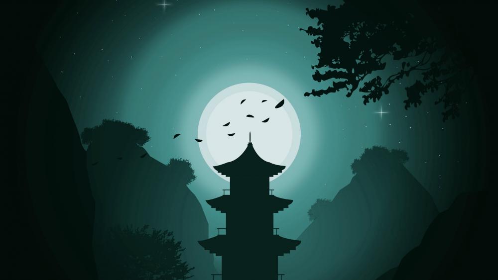 Mystical Moonlit Pagoda Silhouette wallpaper