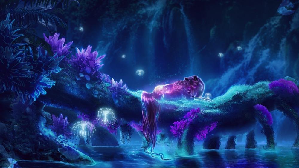 Mystical Wolf in Enchanted Night Forest wallpaper