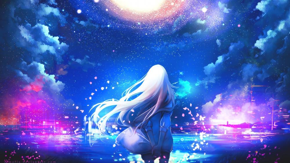 Starry Night Reverie with Anime Maiden wallpaper