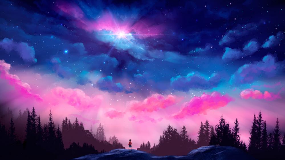Stargazer's Dream Amidst Pink Clouds wallpaper