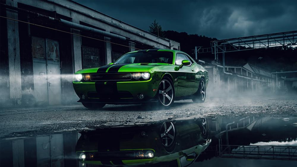 Evocative Green Dodge Challenger in Night Mist wallpaper