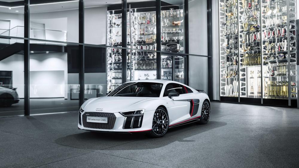 Sleek White Audi R8 in Modern Showroom wallpaper