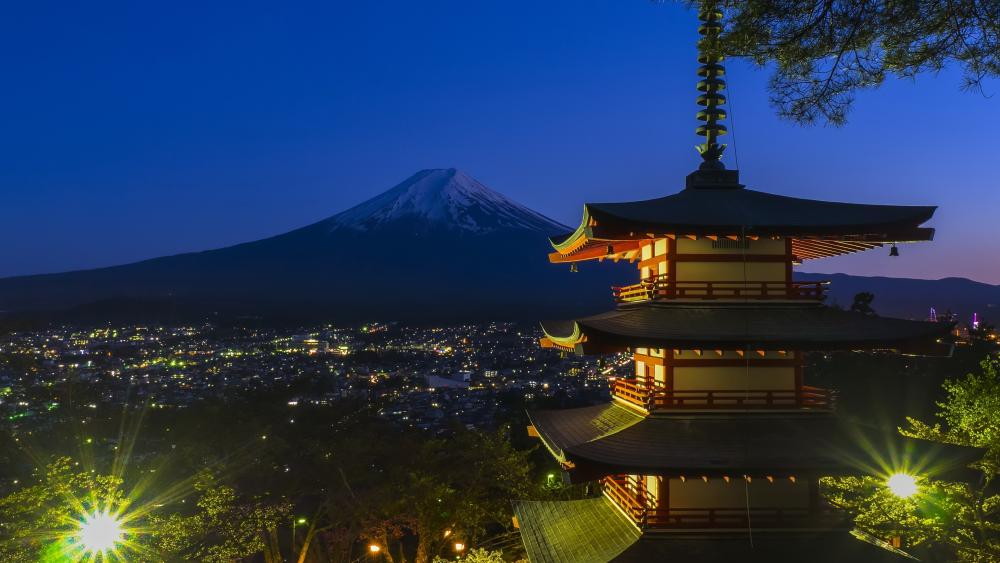 Chureito Pagoda and Mt. Fuji by night wallpaper