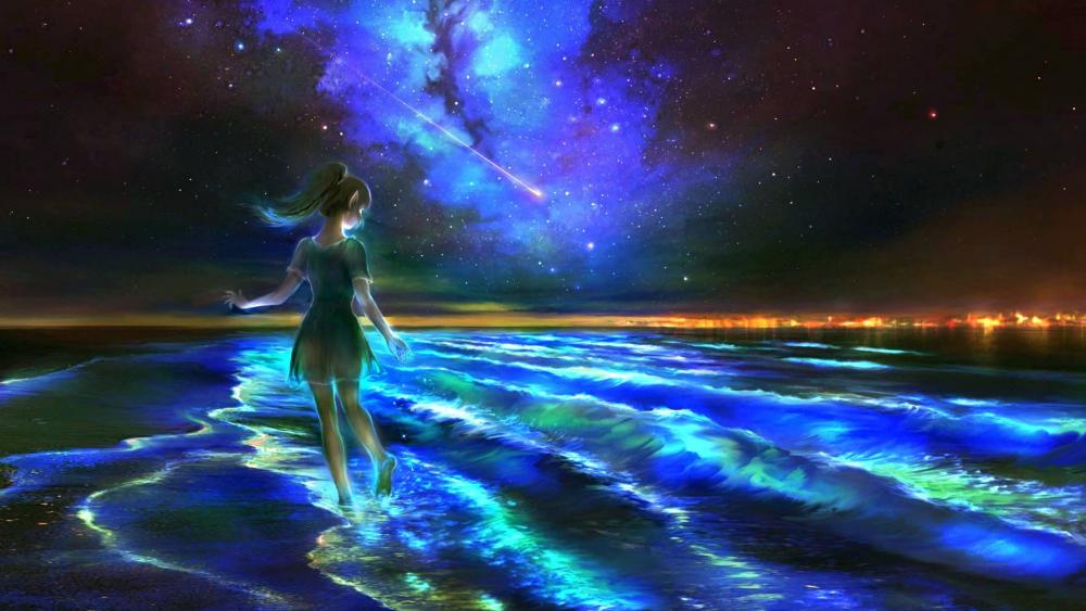 Enchanting Night by the Sea in Anime Style wallpaper