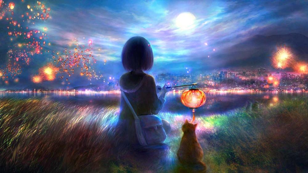 Enchanted Evening With a Feline Friend wallpaper