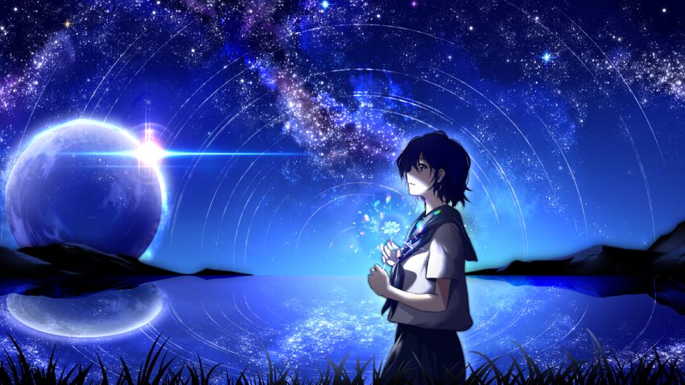 Starry Night Encounter with Anime Schoolgirl wallpaper