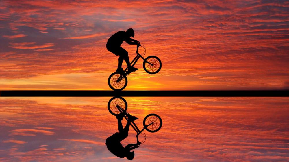 BMX Rider Against a Fiery Sunset Reflection wallpaper