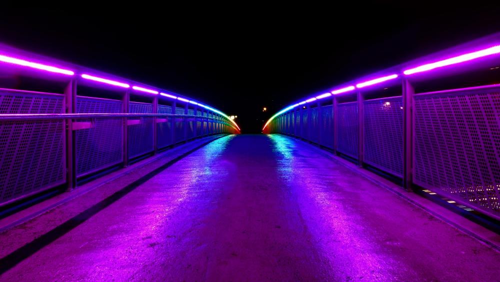 Futuristic Neon-Lit Pedestrian Bridge at Night wallpaper