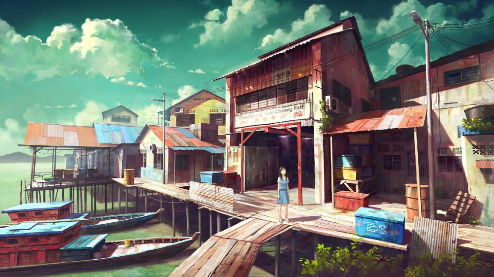 Quaint Anime Riverside Town wallpaper