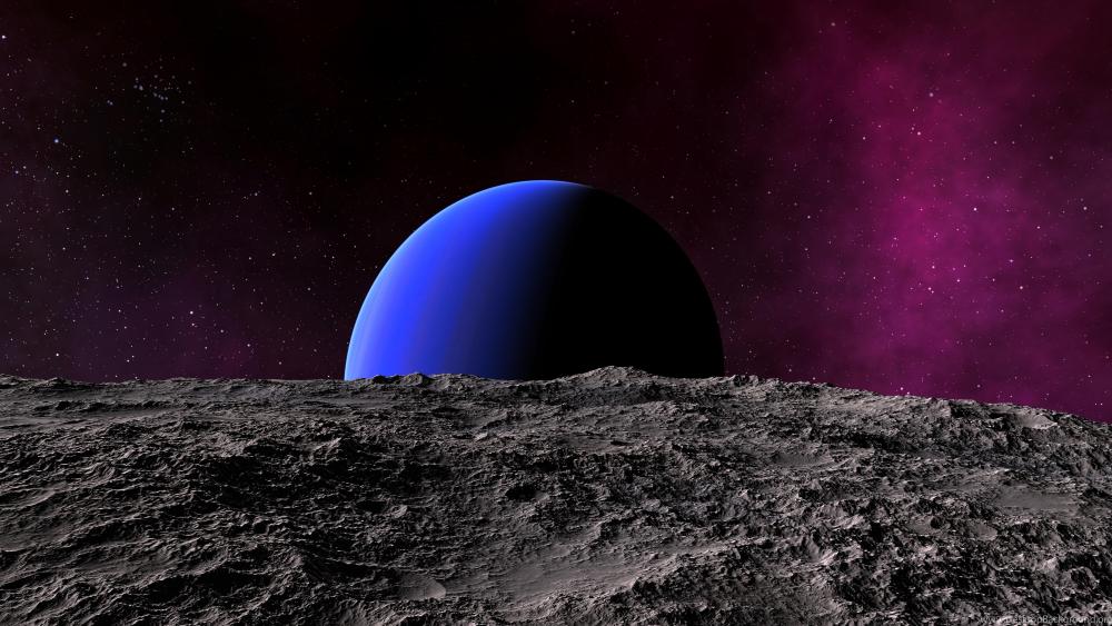 Distant Blue Planet Rises Over Alien Terrain wallpaper