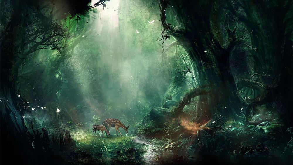 Enchanted Forest Glade with Mystical Deer wallpaper