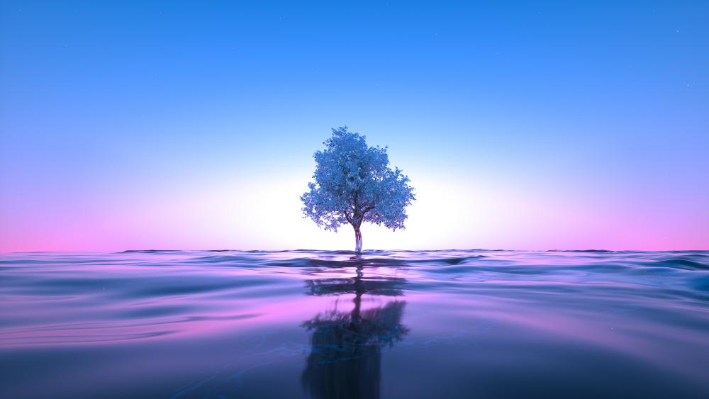 Solitary Tree in Ethereal Waters wallpaper